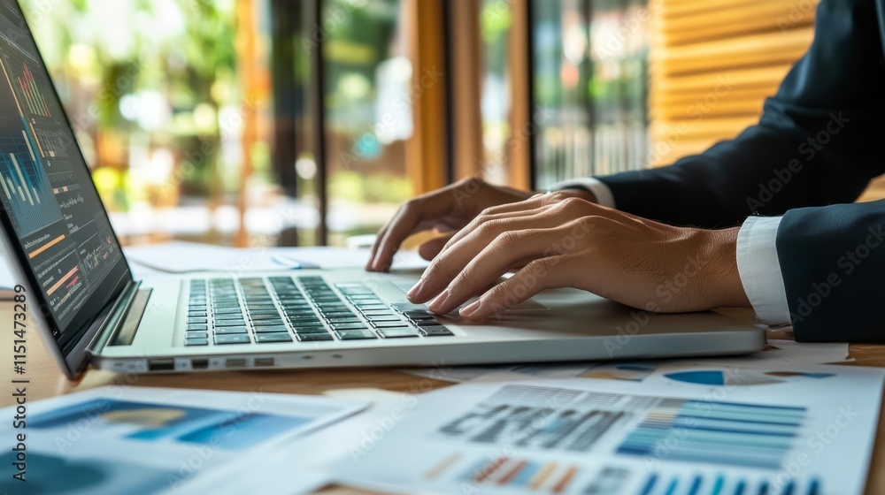 Poster close-up of data analyst hands using predictive technology on laptop