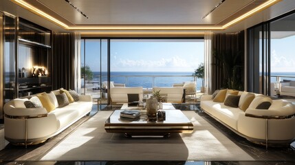 Luxury Ocean View Penthouse Living Room: Opulent Coastal Design