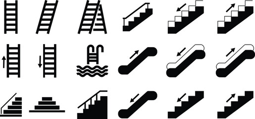 Stairs realistic icon set. Architectural object staircase up steps black flat vector collection isolated on transparent background. Modern templates interior staircase architecture direction.