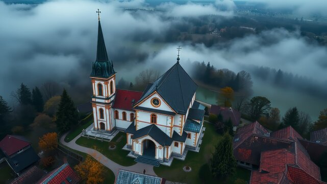 Aerial Church of St. Andrew, Vendoli, Czech Republic, Moravian Border, Old German Village, Scenic Landscape, Vibrant Colors, High Definition