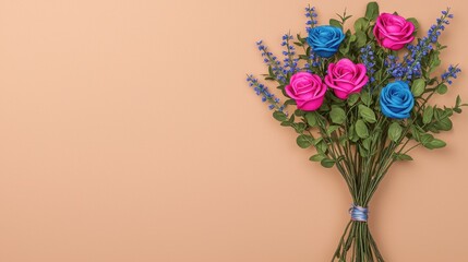 Obraz premium Colorful floral bouquet with pink and blue roses on a soft peach background