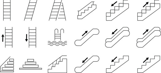 Stairs realistic icon set. Architectural object staircase up steps black line vector collection isolated on transparent background. Modern templates interior staircase architecture direction.
