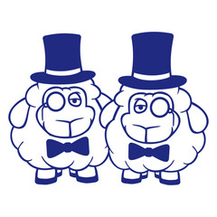 2 Sheep Men Gentlemen Top Hat Monocle Sir Two Mr. Design Lover Art Vector Illustration Card T-Shirt Poster Sticker Graphic Print Decorative Drawing Isolated Logo Decoration Symbol Creative Cool Style
