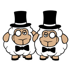 2 Sheep Men Gentlemen Top Hat Monocle Sir Two Mr. Design Lover Art Vector Illustration Card T-Shirt Poster Sticker Graphic Print Decorative Drawing Isolated Logo Decoration Symbol Creative Cool Style
