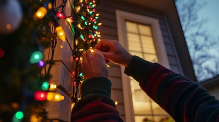 Professional Holiday Lighting Installation, Expert Hands Decorating Homes with Festive Christmas Lights, Enhancing Holiday Spirit with Sparkling Illumination