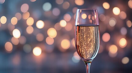 Festive champagne flute with sparkling bokeh background. Perfect for New Year, Christmas, celebration, and holiday themes. Elegant and luxurious image