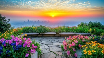 Vibrant sunrise over city skyline viewed from a scenic garden with stone patio and colorful flowers.