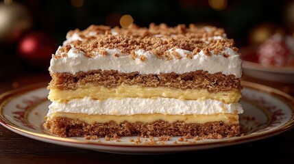 Festive layered Christmas cake slice with whipped cream and crumbs.