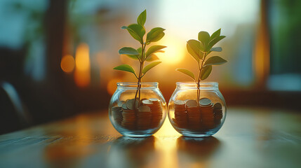 Investment growth visualized by plant growing in coins