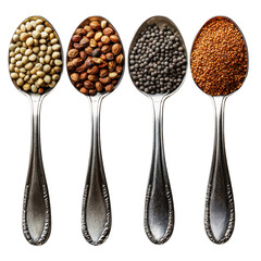 Spices on spoons isolated on transparent background