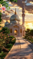 luxurious and magnificent mosque building, with a large and beautiful garden, with a beautiful view of the sunset in the afternoon