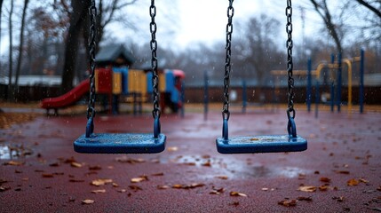 Empty swings in a deserted playground on a rainy autumn day.