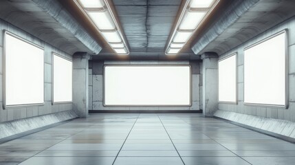 Fototapeta premium Futuristic Spaceship Corridor with Blank Advertisement Screens: Modern Sci-Fi Interior Design