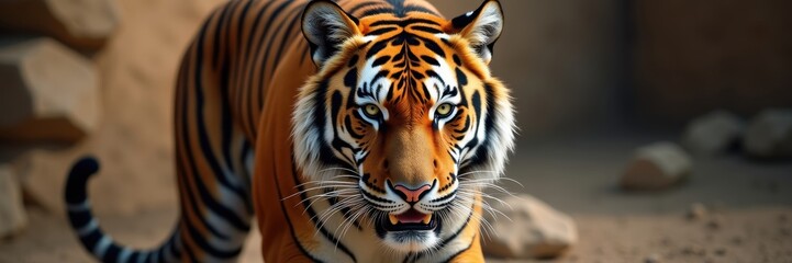 Obraz premium Majestic Bengal Tiger Stares Intensely with Golden Eyes and Striking Stripes in a Natural Habitat Environment