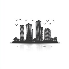 Cityscape silhouette with reflection and birds.