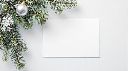 Blank Christmas card mockup with fir branches, silver ornament, and snowflakes. Perfect for holiday greeting cards, invitations, or winter stationery design