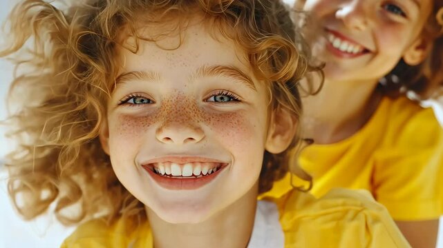 Two cheerful young models with curly ginger hair and freckles are smiling, showing perfect teeth, promoting dental hygiene and beauty
