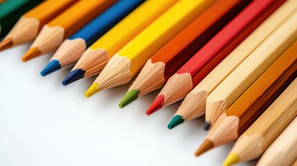 Obraz premium A vibrant array of colored pencils arranged in a neat row, showcasing various colors and sharpened tips against a clean background.