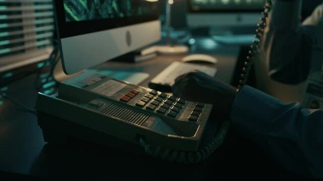 Closeup of hands of unrecognizable surveillance agent sitting at computer during night shift, detecting suspect on satellite surveillance, calling on landline phone to report to superior