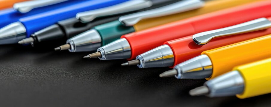 A close-up of colorful pens arranged neatly on a black surface, showcasing their shiny tips and vibrant hues.