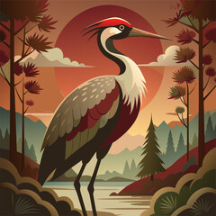 Obraz premium Red-Crowned Crane Standing Gracefully in a Serene Sunset Landscape