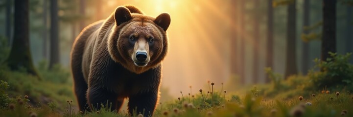 Golden Hour Stroll A Majestic Grizzly Bear Emerges from the Forest Illuminated by the Warm Light of Dawn its Presence Evoking a Sense of Power and Serenity