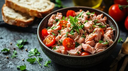 Bowl of fresh tuna with tomatoes and bread slices
