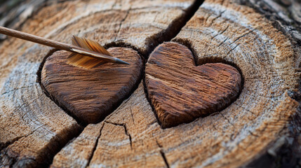Lovers Arrow Hitting Twisted Hearts on Ancient Tree Trunk