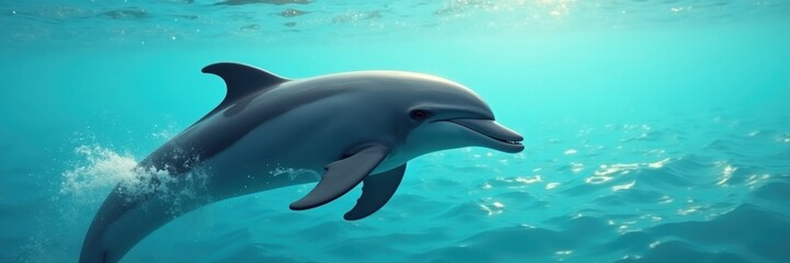 Obraz premium A joyful dolphin gracefully glides beneath the turquoise water bathed in gentle sunlight creating a serene and enchanting underwater scene