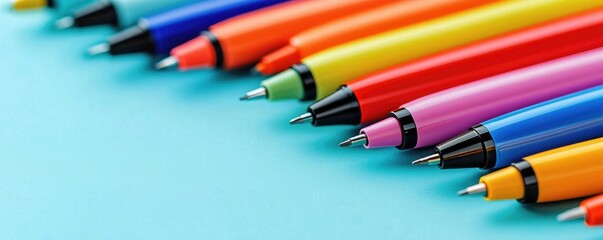 Fototapeta premium A vibrant array of colorful pens arranged neatly on a blue background, showcasing various hues perfect for artistic and writing endeavors.