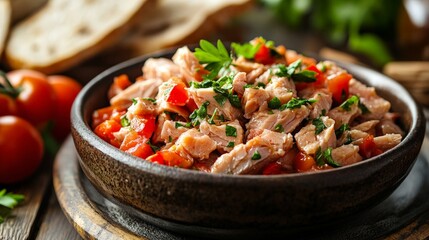 Bowl of fresh tuna with tomatoes and bread slices
