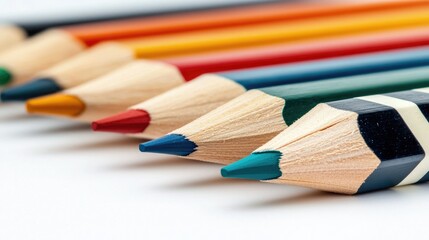 Obraz premium A vibrant array of colored pencils aligned neatly, showcasing their sharpened tips and diverse hues for artistic expression.