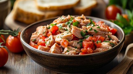 Bowl of fresh tuna with tomatoes and bread slices