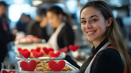 Volunteer serving heart-themed meals at a charity event