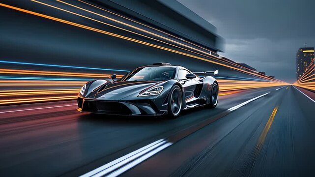 Sleek Sports Car Driving at High Speed on a City Highway with Motion Blur and Vibrant Light Trails

