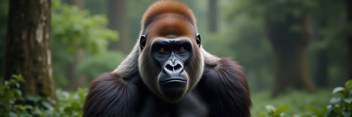 Obraz premium A Silverback Gorilla Stares Intensely From The Depths Of The Forest Its Eyes Hold A Thousand Secrets Reflecting The Enigmatic Nature Of The Jungle