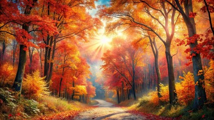 Fototapeta premium Autumnal Pathway Sunbeams Illuminate a Forest Road with Vibrant Red and Gold Foliage