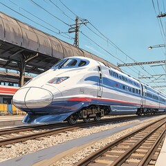 Fototapeta premium A blue and white bullet train traveling down train tracks.