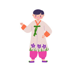 Vector illustration of a little boy in a traditional Korean hanbok with shoes and trousers.