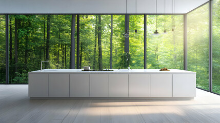 Fototapeta premium Modern Kitchen with Stunning Forest Views