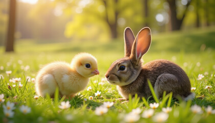Fototapeta premium A peaceful scene of a chick and bunny resting in a spring meadow, soft sunlight casting warm shadows over the flowers and grass