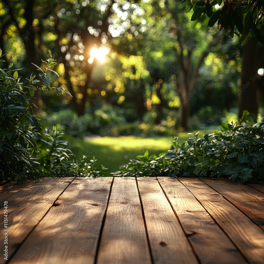 Poster empty wooden table with blurred park background in sunny day. product presentation mock up. photorea