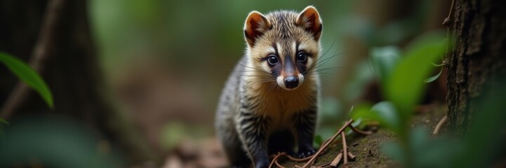Fototapeta premium A curious coati pauses amid the lush undergrowth its inquisitive gaze captivating the viewer in a moment of wild beauty