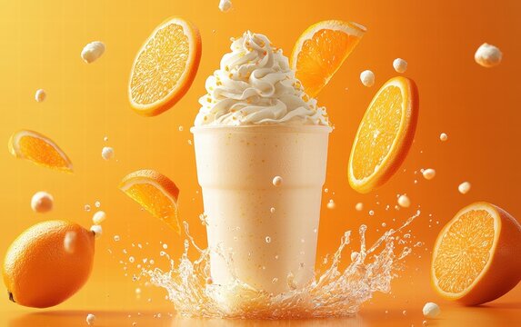 An orange milkshake levitating mid-air with vibrant citrus slices, on a bright orange background