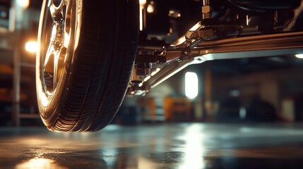 Fototapeta premium Close-up of car wheel and suspension system in garage.