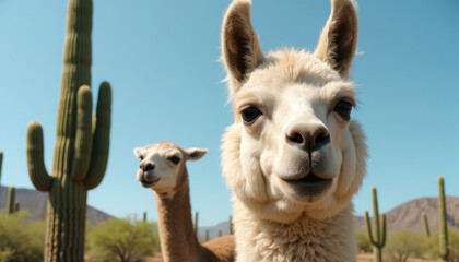 Obraz premium Close-up of a llama and a tall cactus, with clear details and a simple background