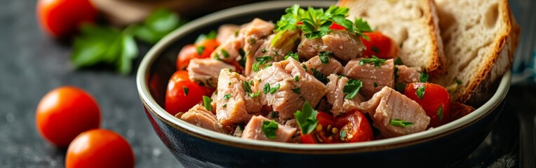 Fototapeta premium Bowl of fresh tuna with tomatoes and bread slices