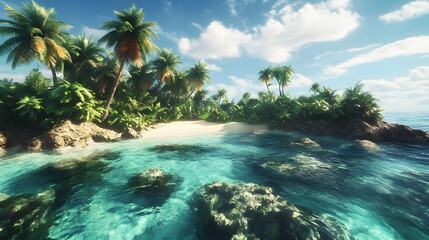 Tropical Island Paradise: Idyllic Beach Scene with Palm Trees and Crystal Clear Waters