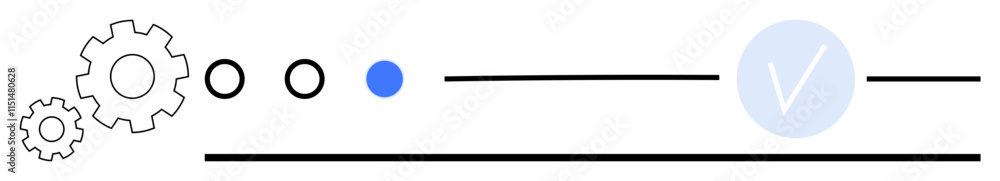 Aufkleber gears, circles, and checkmark in a horizontal line indicate stages in a process or workflow. ideal f