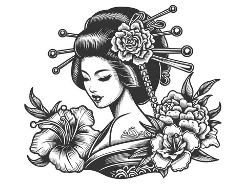 geisha in traditional kimono, surrounded by detailed blooming flowers and foliage sketch engraving generative ai fictional character vector illustration. Scratch board imitation. Black and white image